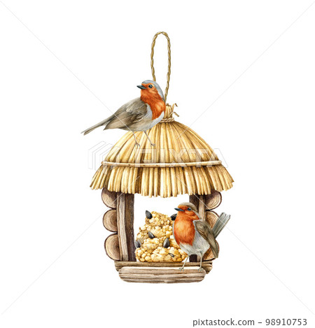 Robin birds on the feeder. Watercolor illustration. Hand drawn cozy vintage style house for feeding birds. Couple of robins on wooden feeder with straw roof element. White background 98910753
