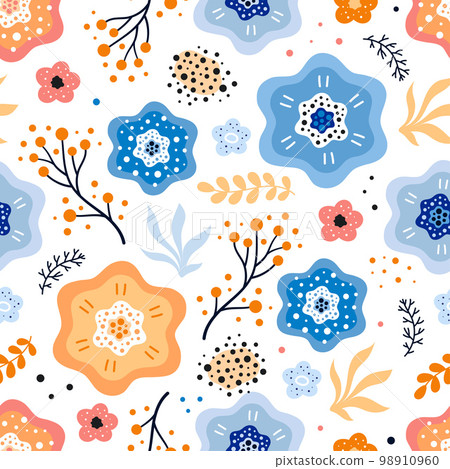 trendy seamless pattern with colored flowers, flat style 98910960