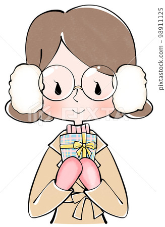 一個穿著冬裝的女人拿著禮物的插圖 一個穿著冬裝的女人拿著禮物的插圖 98911125