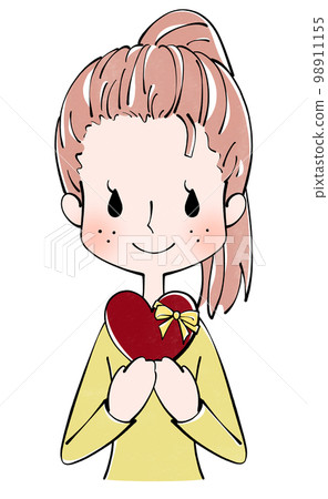 Valentine's Day illustration of a woman holding a heart-shaped gift 98911155