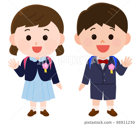 Boys and girls in formal attire waving hands Entrance ceremony and Graduation ceremony illustration 98911230