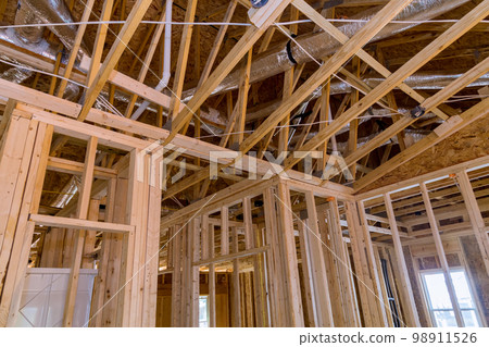 Framing beams, wood sticks all communication lines must be installed first for newly constructed house before plasterboard is applied plumbing 98911526