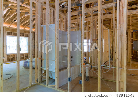 When newly constructed house is completed with framing beams, wood sticks plumbing it imperative that they are all completed before plasterboard 98911545