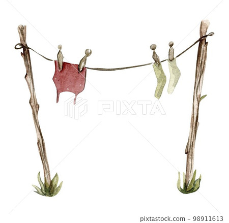 Watercolor wooden clothes dryer with clothes on it. Watercolor hand drawn illustration on white background. Perfect for greeting card, poster, wedding invitation, party decor. Watercolor wooden clothes dryer with clothes on it. Watercolor hand drawn illustration on white background. Perfect for greeting card, poster, wedding invitation, party decor. 98911613
