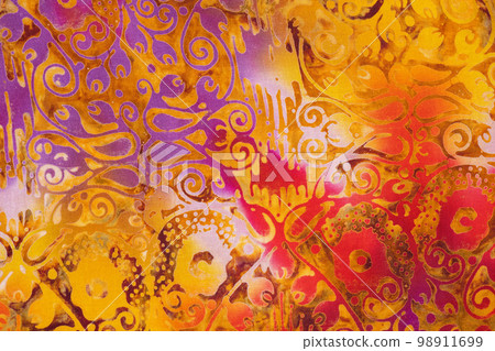 Overlay texture of golden red violet fabric. Textile with eastern ornament abstract halftone 98911699