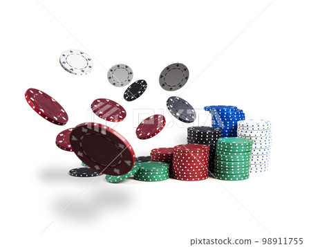Colorful chips in piles are flying apart, isolated on white background. Close-up photo. Gambling entertainment. 98911755