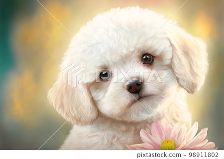 Cute fluffy dog and flowers. Festive tender greeting card. Generative AI illustration 98911802