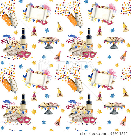 Purim watercolor festive pattern with holiday symbols. Jewish seamless background. Masks, raashan, mishloah manot Purim watercolor festive pattern with holiday symbols. Jewish seamless background. Masks, raashan, mishloah manot 98911811