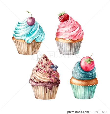 cupcake set with cream. watercolor illustration ice cream cupcake set with cream. watercolor illustration ice cream 98911865