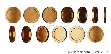 3D bronze flying coin realistic set, game UI casino money icon, render animation metal medal side.  98912104