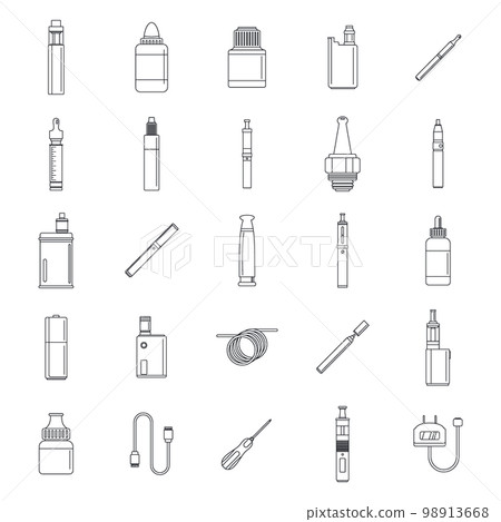 Electronic cigarette mod cig smoke icons set. Outline illustration of 25 electronic cigarette mod cig smoke vector icons for web 98913668