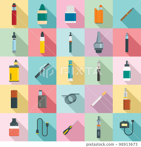 Electronic cigarette mod cig smoke icons set. Flat illustration of 25 electronic cigarette mod cig smoke vector icons for web 98913673