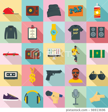 Hiphop rap swag music dance icons set. Flat illustration of 25 hiphop rap swag music dance vector icons for web Hiphop rap swag music dance icons set. Flat illustration of 25 hiphop rap swag music dance vector icons for web 98913696