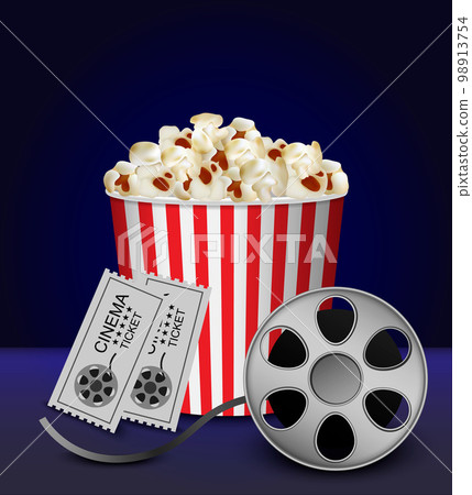 Cinema popcorn box concept background. Realistic illustration of cinema popcorn box vector concept background for web design Cinema popcorn box concept background. Realistic illustration of cinema popcorn box vector concept background for web design 98913754