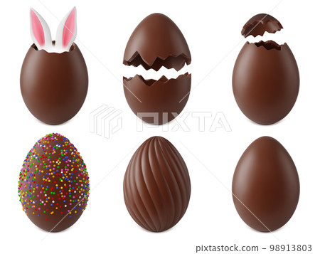 Chocolate easter realistic eggs. 3d egg surprise, easter children cracked chocolates candy. Broken symbol with bunny ears, pithy vector set Chocolate easter realistic eggs. 3d egg surprise, easter children cracked chocolates candy. Broken symbol with bunny ears, pithy vector set 98913803