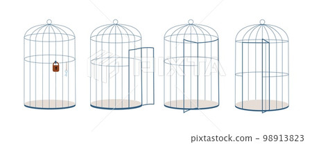 Various open and closed cages, with lock and key. Lined cage for animal or birds. Restriction of freedom and rights vector metaphor elements 98913823