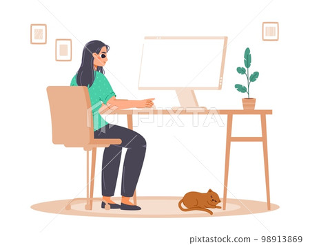 Teenager at blank computer monitor. Gamer or young programmer, digital designer or freelancer. Student e-learning, woman and cat vector scene Teenager at blank computer monitor. Gamer or young programmer, digital designer or freelancer. Student e-learning, woman and cat vector scene 98913869