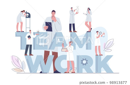 Scientists teamwork concept. Genetics, pharmacist, chemistry and biology professionals. Doctors and scientist, laboratory assistant vector scene Scientists teamwork concept. Genetics, pharmacist, chemistry and biology professionals. Doctors and scientist, laboratory assistant vector scene 98913877