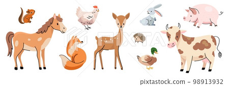 Farm and forest animal characters. Farmed animals, cow horse and pig. Isolated cartoon kids zoo elements, nowaday wildlife vector collection 98913932