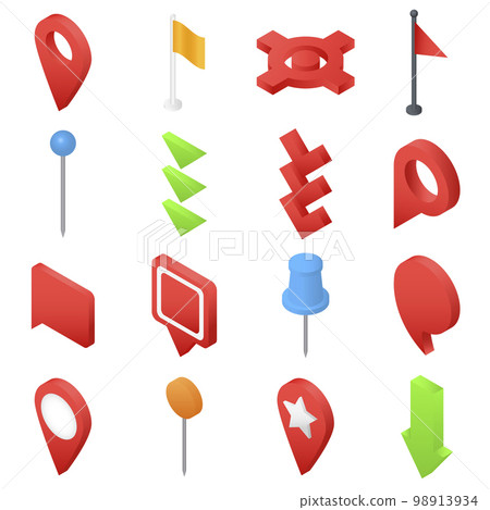 Map pointer pin arrow compass icons set. Isometric illustration of 16 map pointer pin arrow compass vector icons for web 98913934