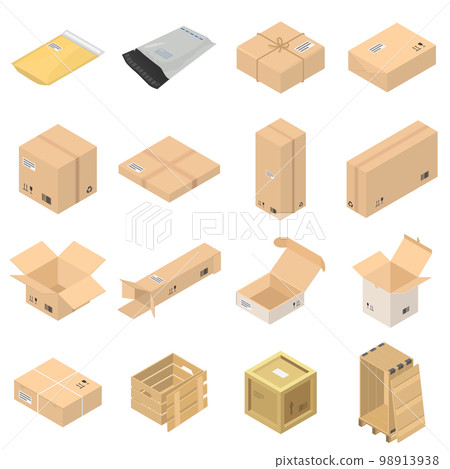 Parcel packaging delivery box poste icons set. Isometric illustration of 16 parcel packaging delivery box poste vector icons for web Parcel packaging delivery box poste icons set. Isometric illustration of 16 parcel packaging delivery box poste vector icons for web 98913938
