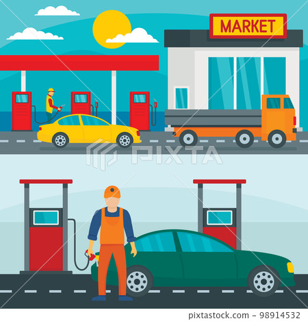 Petrol station gas fuel shop banner concept set. Flat illustration of 2 petrol station gas fuel shop vector banner horizontal concepts for web 98914532