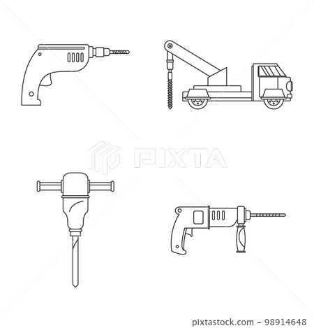 Drilling machine rig electric icons set. Outline illustration of 4 drilling machine rig electric vector icons for web Drilling machine rig electric icons set. Outline illustration of 4 drilling machine rig electric vector icons for web 98914648
