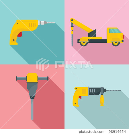 Drilling machine rig electric icons set. Flat illustration of 4 drilling machine rig electric vector icons for web Drilling machine rig electric icons set. Flat illustration of 4 drilling machine rig electric vector icons for web 98914654