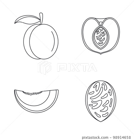 Peach tree slices fruit half icons set. Outline illustration of 4 peach tree slices fruit half vector icons for web Peach tree slices fruit half icons set. Outline illustration of 4 peach tree slices fruit half vector icons for web 98914658