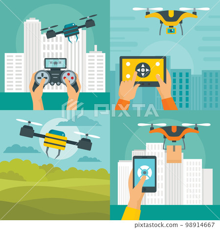 Drone camera quadcopter banner concept set. Flat illustration of 4 drone camera quadcopter vector banner concepts for web Drone camera quadcopter banner concept set. Flat illustration of 4 drone camera quadcopter vector banner concepts for web 98914667