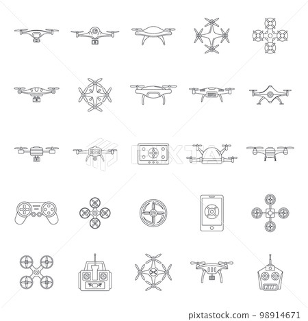 Drone delivery camera quadcopter icons set. Outline illustration of 25 drone delivery camera quadcopter vector icons for web 98914671