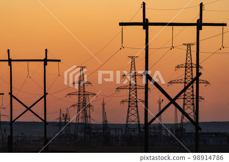 silhouette of high voltage electrical pole structure silhouette of high voltage electrical pole structure 98914786