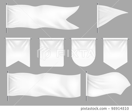 Realistic banner flags. 3D white blank textile signs and waving fabric for advertising. Realistic blank white fabric signs mockup for advertising, outdoor exhibition cotton waving flags 98914810
