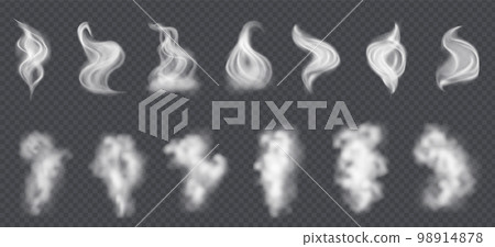 Smoke vector collection, isolated, transparent background. White dust, smoke or fog clouds isolated on transparent background. Realistic wind blow swirls, smoke air or hot steam. 98914878