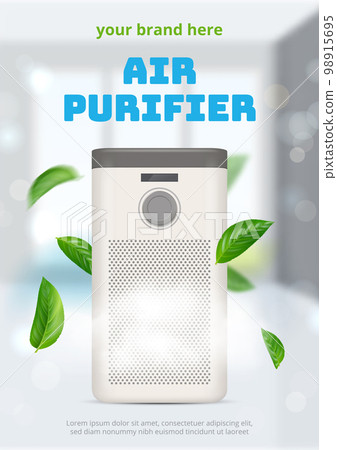 Air purifier poster. Ads with humidifiers realistic illustration decent vector modern cleaning systems 98915695