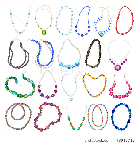 Jewelry for neck. Woman lace with gemstones luxury necklace collection recent vector templates set isolated Jewelry for neck. Woman lace with gemstones luxury necklace collection recent vector templates set isolated 98915712