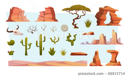 Rocks. Desert outdoor elements from hot climate exact vector cartoon rocks and cactuses Rocks. Desert outdoor elements from hot climate exact vector cartoon rocks and cactuses 98915714