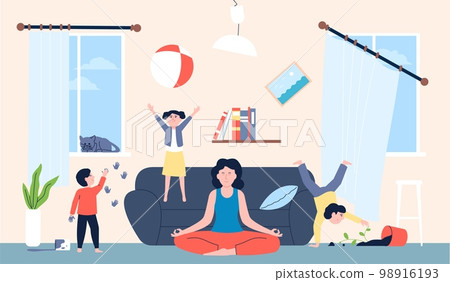 Calm mom and mischievous kids in room. Children jumping and running, doing chaos in home. Mother meditate, family game time recent vector scene 98916193
