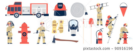 Flat firefighters and equipment, fireman character. Emergency occupation, firefighter in uniform and hose. Fire rescue tools recent vector set 98916196