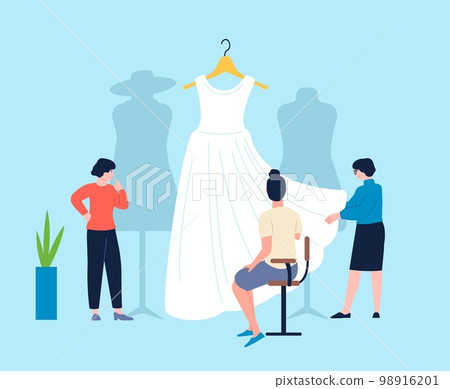 White dress sewing or presentation in wedding store. Flat girl looking cloth for marriage. Fashion tailoring workshop, personal stylist vector scene White dress sewing or presentation in wedding store. Flat girl looking cloth for marriage. Fashion tailoring workshop, personal stylist vector scene 98916201