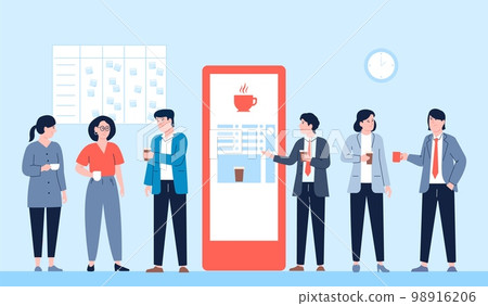 People drink coffee from vending machine. Office person business lunch, creative team on break. Flat woman man drinking hot beverages, vector scene People drink coffee from vending machine. Office person business lunch, creative team on break. Flat woman man drinking hot beverages, vector scene 98916206