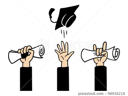 Graduating concept with hands holds scroll diploma and throw up academic hat. Happy graduation college, school or university, vector banner 98916218