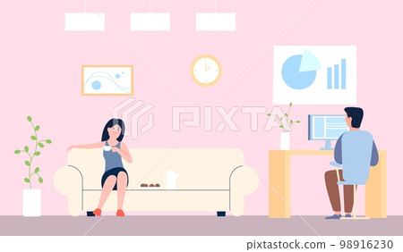 Couple daily routine. Work on computer and chilling on sofa with coffee. Man and woman at home spend time, freelancer vector character 98916230