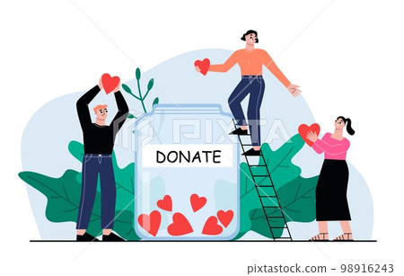 Donation concept, donat financial and hearts, support or helping. Charity people hold hearts, humanism volunteer community sapid vector scene 98916243