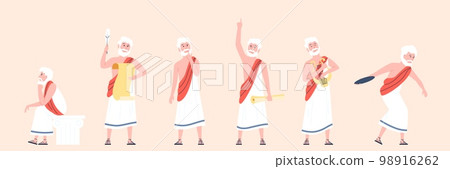 Ancient man in toga. Male wear traditional roman or greek clothes. Old philosophy character, senior thinking metaphysics and reflection, recent vector person Ancient man in toga. Male wear traditional roman or greek clothes. Old philosophy character, senior thinking metaphysics and reflection, recent vector person 98916262