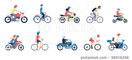 Flat motorcyclist characters. Riding bike and motorcycle, man ride motorbike in helmet. Modern scooter, different people drivers recent vector set 98916266