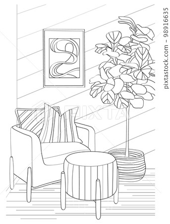 Design interior room. Vector illustration coloring antistress for adult in outline style. Design interior room. Vector illustration coloring antistress for adult in outline style. 98916635
