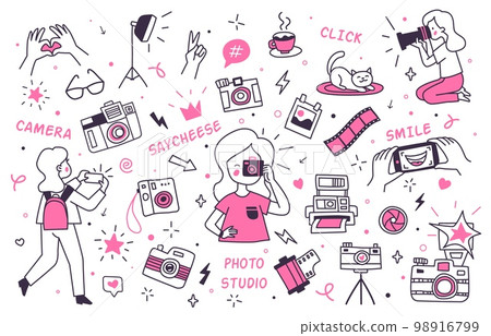 Photographer doodle elements. Hand drawing photography decoration concept art, click camera with bright flash, cat photo session for memory sketch album, swanky vector illustration 98916799