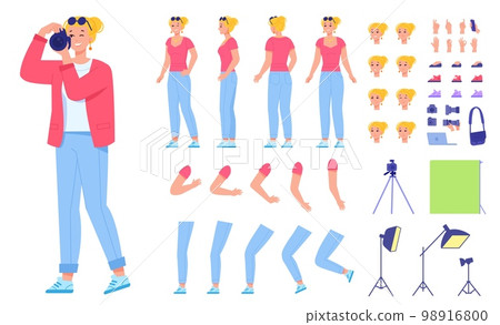 Photographer constructor. Woman cameraman with photo camera character kit, female journalist job animation, face and clothes generator, photograph diy swanky vector illustration 98916800