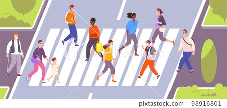 Crowd crossing road. People goes on crosswalk or path zebra, pedestrians traffic downtown city life students with smartphone safety cross road sidewalk splendid vector illustration Crowd crossing road. People goes on crosswalk or path zebra, pedestrians traffic downtown city life students with smartphone safety cross road sidewalk splendid vector illustration 98916801